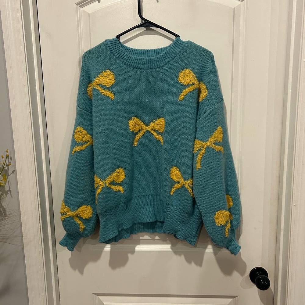 POL Teal Sweater with Yellow Bows - Picture 1 of 3
